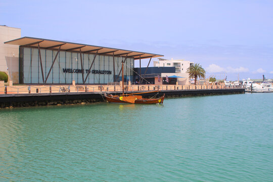 Museum of Geraldton in Westen Australia at the Indian ocean with historic wooden sailing boat at pier