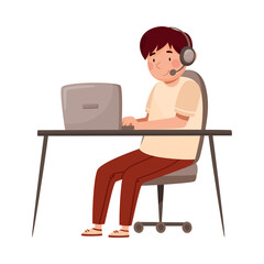 Teenager Boy as School Student During Online Class or Lesson in Front of Laptop Vector Illustration