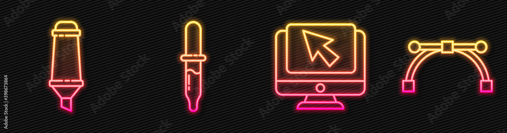 Poster set line computer monitor and cursor, marker pen, pipette and bezier curve. glowing neon icon. vecto