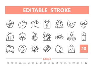 Ecology 20 line icons. Vector illustration in line style. Editable Stroke, 64x64, 256x256, Pixel Perfect.
