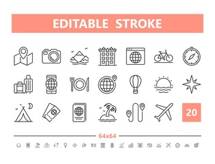 Tourism and Travel 20 line icons. Vector illustration in line style. Editable Stroke, 64x64, 256x256, Pixel Perfect.