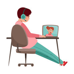 Boy School Student Attending Online Lesson via Laptop Vector Illustration