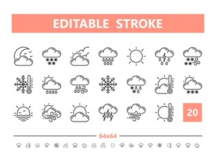 Weather 20 line icons. Vector illustration in line style. Editable Stroke, 64x64, 256x256, Pixel Perfect.