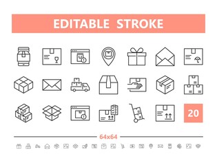 Package Delivery 20 line icons. Vector illustration in line style. Editable Stroke, 64x64, 256x256, Pixel Perfect.