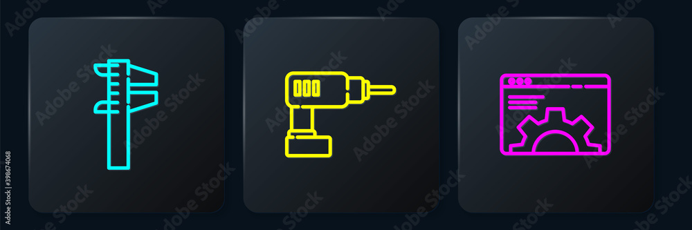 Poster set line calliper or caliper and scale, browser setting and electric drill machine. black square but