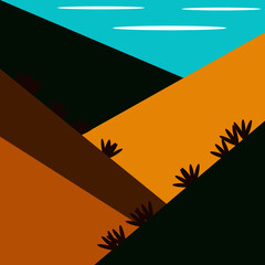 Minimalistic landscape, hills, sky, clouds, bushes. Vector illustration.