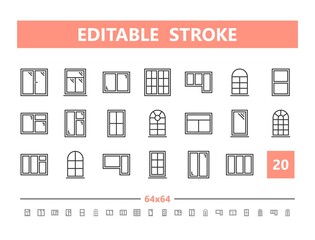 Windows 20 line icons. Vector illustration in line style. Editable Stroke, 64x64, 256x256, Pixel Perfect.