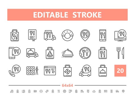 Food Delivery 20 line icons. Vector illustration in line style. Editable Stroke, 64x64, 256x256, Pixel Perfect.