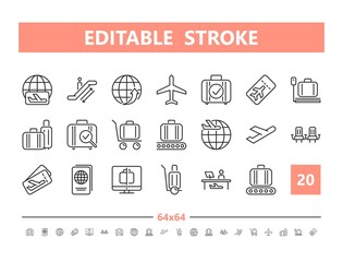 Airport 20 line icons. Vector illustration in line style. Editable Stroke, 64x64, 256x256, Pixel Perfect.