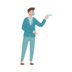 Man in Medical Face Mask Measuring Temperature with Thermometer Before Entry Vector Illustration
