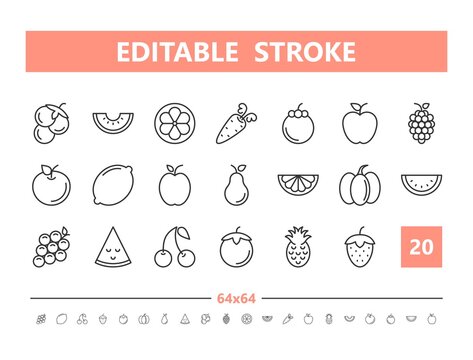 Fruits and Vegetables 20 line icons. Vector illustration in line style. Editable Stroke, 64x64, 256x256, Pixel Perfect.