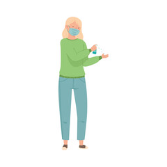 Woman in Medical Face Mask Disinfecting Hands with Sanitizer Spray Vector Illustration