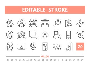 Recruiting New Staff 20 line icons. Vector illustration in line style. Editable Stroke, 64x64, 256x256, Pixel Perfect.