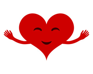 Smiling red heart with embracing arms, on white isolated background. Happy cartoon design element.