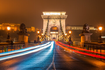 Chain Bridge in Budapest at night. Hungary 