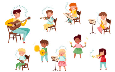 Funny Kid Characters Playing Violin and Saxophone at Music Lesson Vector Set