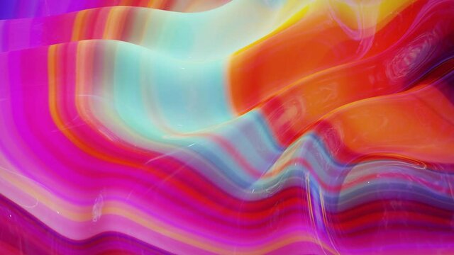 Looped abstract fluid background multicolor marble style. Beautiful glossy wavy surface of liquid with pattern, gradient color and flow waves on it. Creative bright bg with soft smooth animation.