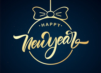 Golden Brush lettering of Happy New Year on dark background.