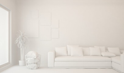 White minimalist living room with sofa. Scandinavian interior design. 3D illustration