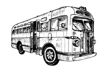Hand drawn vintage retro city bus, doodle sketch graphics monochrome tracing vector illustration on white background - 398675678