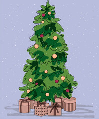 Christmas tree. gift boxes with bows. vector graphics, sketch. eps