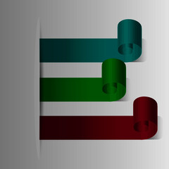Three multi-colored bookmarks with green, blue and red shadows. Volumetric illustration.
