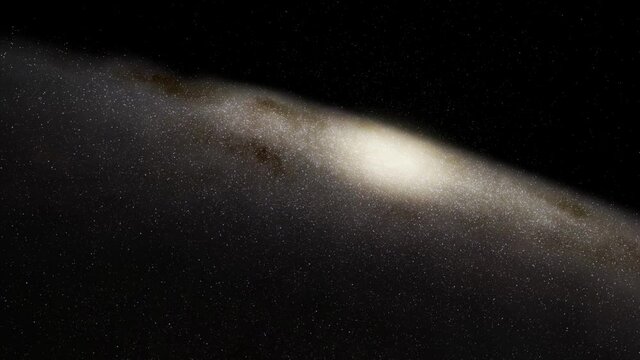 Exploration of galaxies through outer space towards a bright milky-way galaxy. 4K looping animation of flying through bright nebulae, clouds, and star fields. 