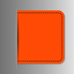 Square yellow bookmark with shadow and thread stitching. Volumetric illustration.
