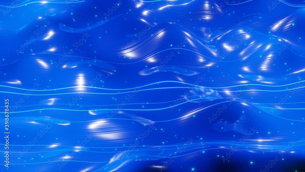 Poster abstract 3d surface with beautiful waves, luminous sparkles and bright color gradient. waves run on 