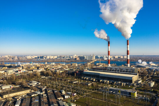 Garbage incineration plant. Environmental pollution within the city aerial view.