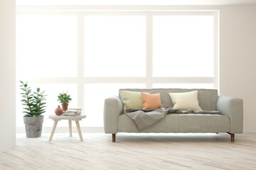 White living room with sofa. Scandinavian interior design. 3D illustration