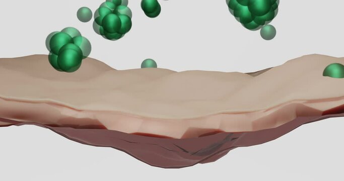 3D animation cream serum passes through the upper layers of the skin and reduces up sagging skin, wrinkles, skin cells. The concept of skin regeneration. Green molecules pass through layers of membran