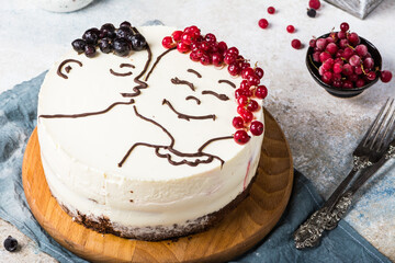 St. Valentine's Day, Mother's Day, Birthday Cake. festive dessert. Woman's day cake. Cake for valentines day. Valentines dessert. Cheesecake with berries. Love. Kissing figures