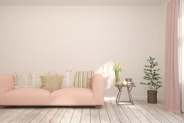 White living room with sofa. Scandinavian interior design. 3D illustration