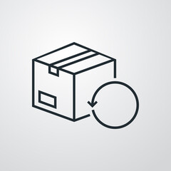 Logotipo devolucion gratis del envío. Icono caja de cartón con flecha girando con lineas en fondo gris