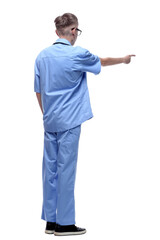 doctor in a blue uniform reading an ad on a white screen.