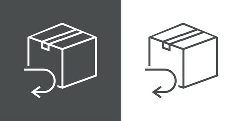 Logotipo devolucion gratis del envío. Icono caja de cartón con flecha girando con lineas en fondo gris y fondo blanco