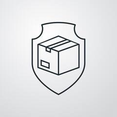 Logotipo entrega segura. Icono escudo con caja de cartón con lineas en fondo gris