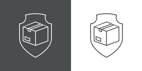 Logotipo entrega segura. Icono escudo con caja de cartón con lineas en fondo gris y fondo blanco © teracreonte