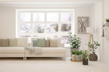 White living room with sofa and winter landscape in window. Scandinavian interior design. 3D illustration