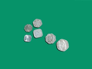 Indian vintage coins. Old coins one  two  three  Five, ten and twenty paisa. Paisa is Indian ...
