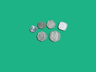 Indian vintage coins. Old coins one  two  three  Five, ten and twenty paisa. Paisa is Indian  currency name.