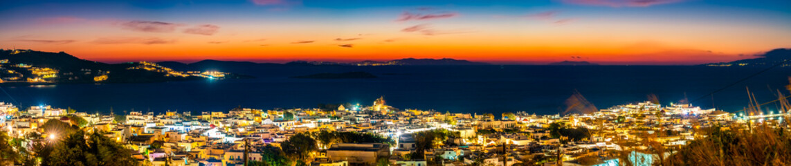 Mykons village panorama at sunet. Mykons island. Greece 