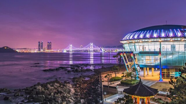 Dongbaek island and Gwangan bridge at sunset in Busan,South Korea.Zoom in