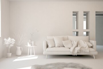 White minimalist living room with sofa. Scandinavian interior design. 3D illustration