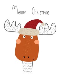 Merry Christmas. Cartoon moose, hand drawing lettering. holiday theme. Colorful vector illustration, flat style. design for greeting cards, print, poster