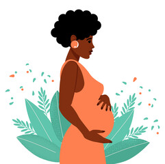Motherhood concept. Black African American woman pregnant. Isolated vector illustration in cute flat style