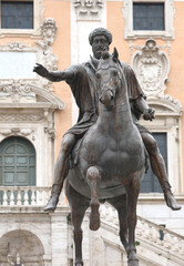 Rome, RM, Italy - March 5, 2019:  equestrian statue with the Rom