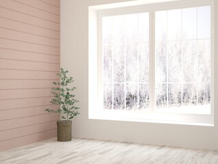 Mock up of empty room in white color with winter landscape in window. Scandinavian interior design. 3D illustration