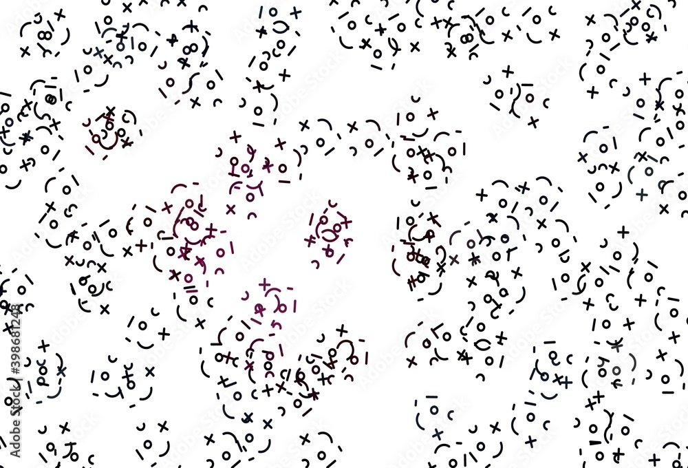 Poster light pink vector texture with mathematic symbols.